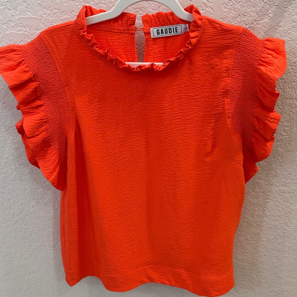 JODIFL (by Gaudie) Beautiful Orange Top with Puff Sleeves, Size Large